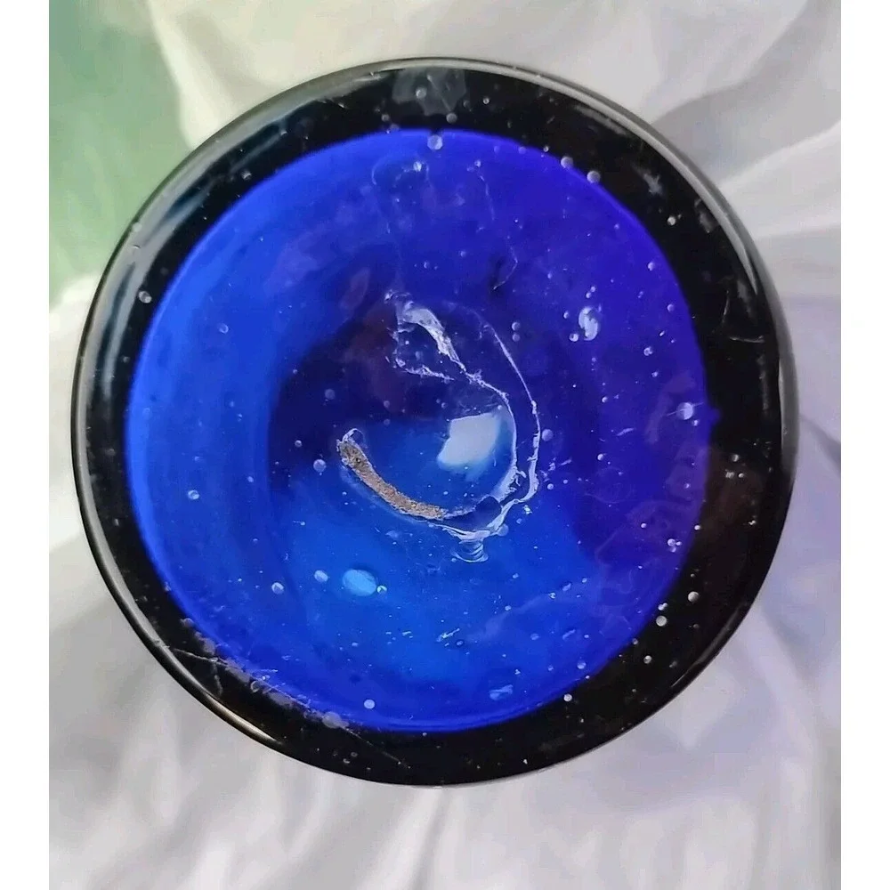 Handblown Glass Tumbler Vase Bubble Swirl Cobalt Blue Rocks Metallic Rim 5